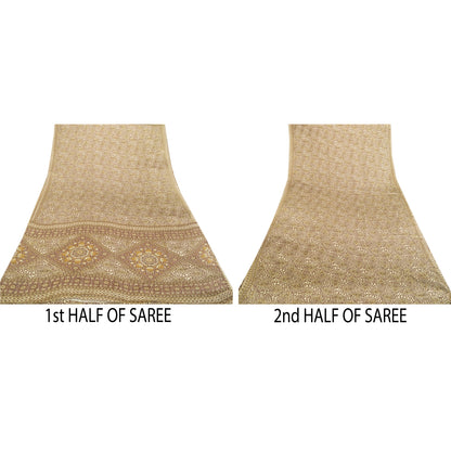 Sanskriti Vintage Sarees Brown Moss Crepe Printed Sari Soft Floral Craft Fabric