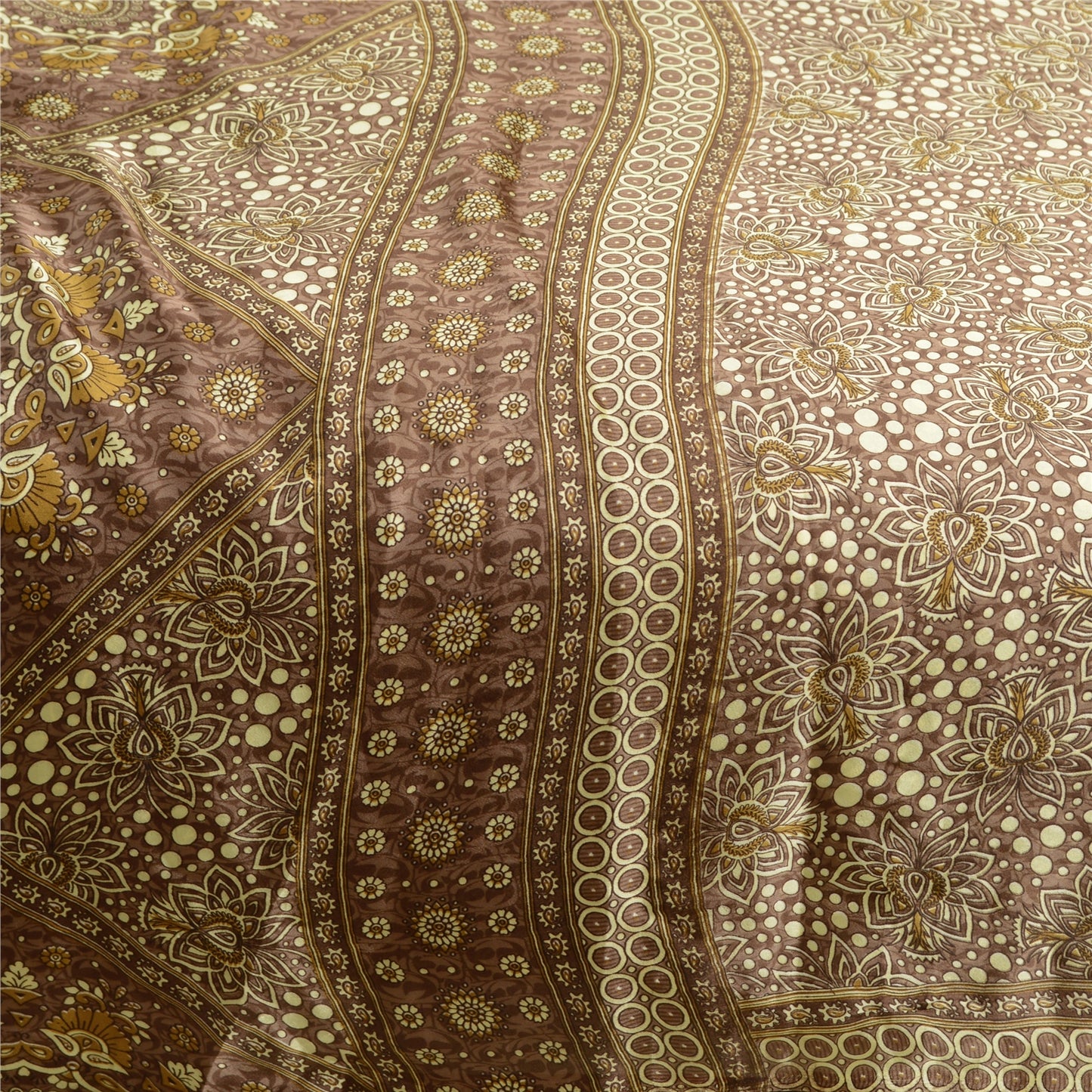 Sanskriti Vintage Sarees Brown Moss Crepe Printed Sari Soft Floral Craft Fabric