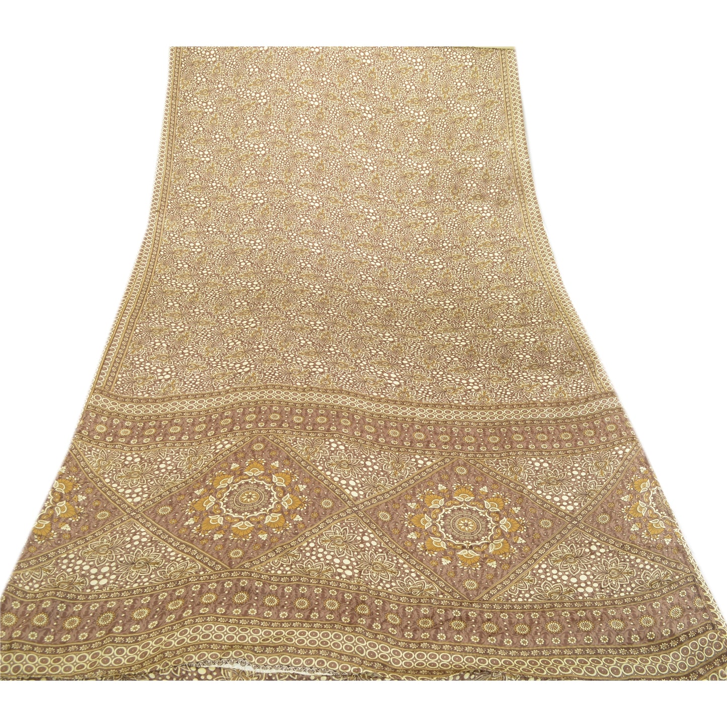 Sanskriti Vintage Sarees Brown Moss Crepe Printed Sari Soft Floral Craft Fabric