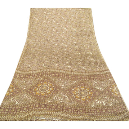 Sanskriti Vintage Sarees Brown Moss Crepe Printed Sari Soft Floral Craft Fabric