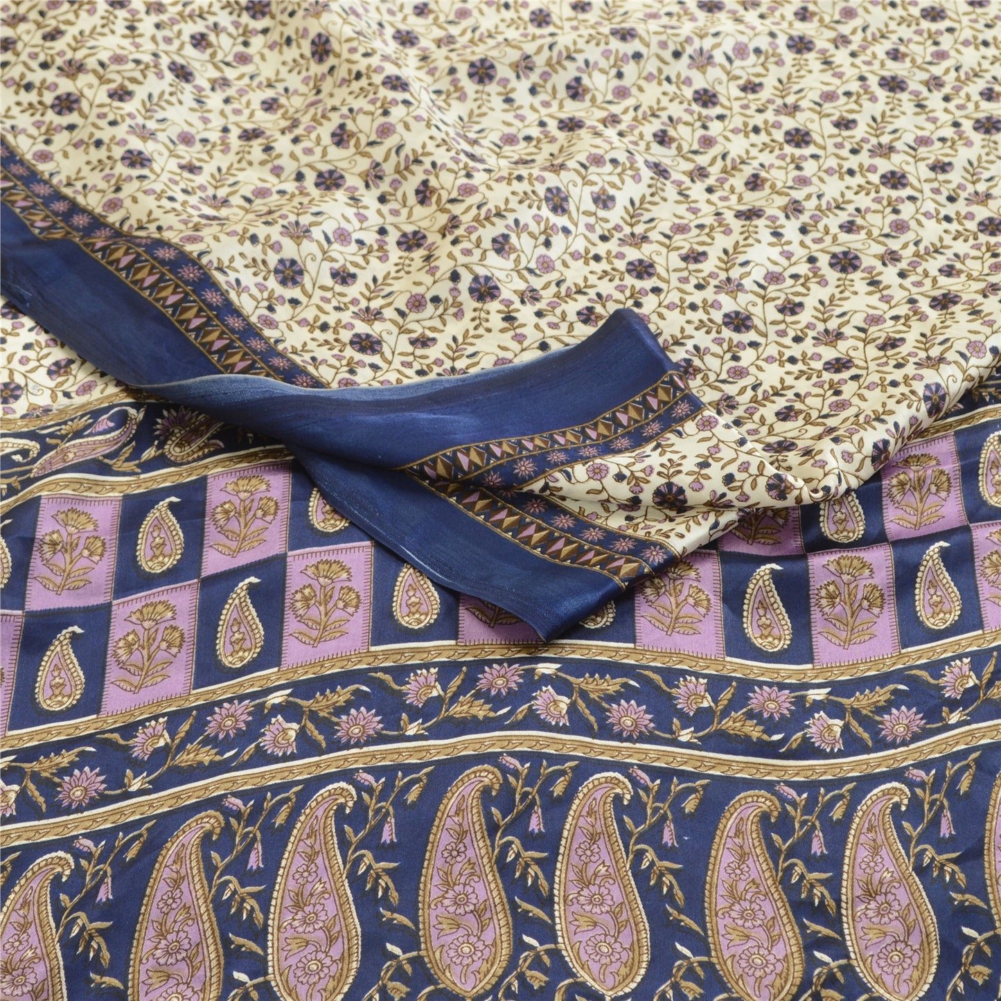 Sanskriti Vintage Sarees From India White Moss Crepe Printed Sari Craft Fabric