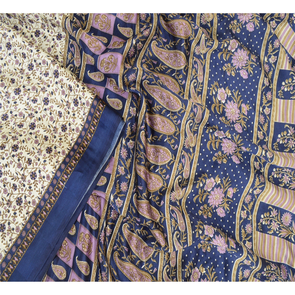 Sanskriti Vintage Sarees From India White Moss Crepe Printed Sari Craft Fabric