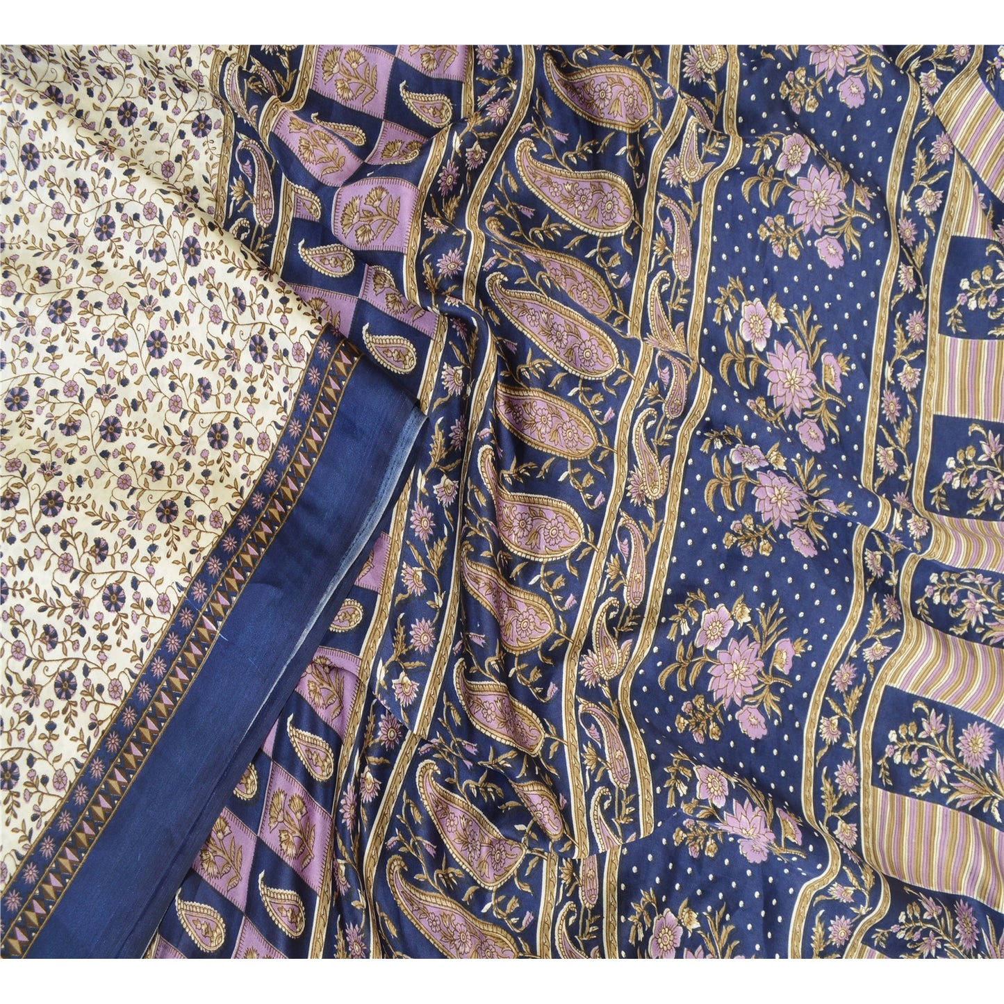 Sanskriti Vintage Sarees From India White Moss Crepe Printed Sari Craft Fabric