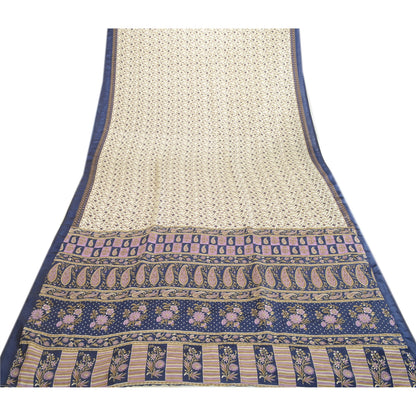 Sanskriti Vintage Sarees From India White Moss Crepe Printed Sari Craft Fabric