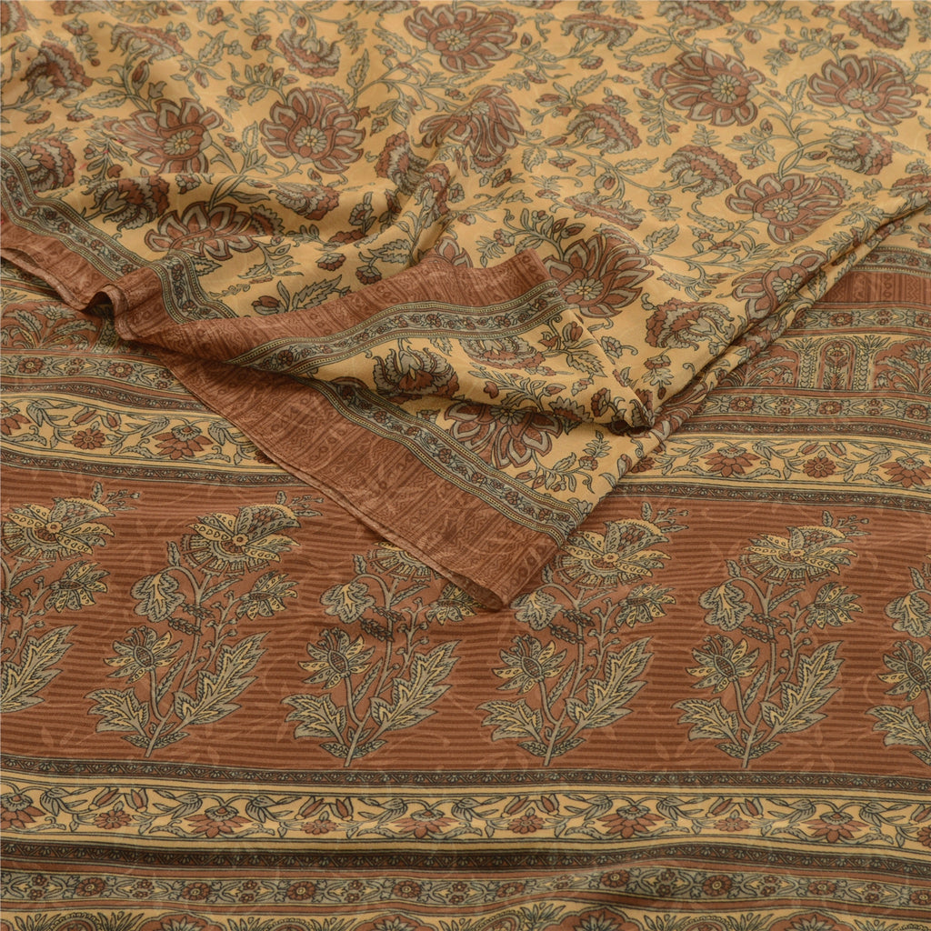 Sanskriti Vintage Sarees From India Brown Moss Crepe Printed Sari Craft Fabric