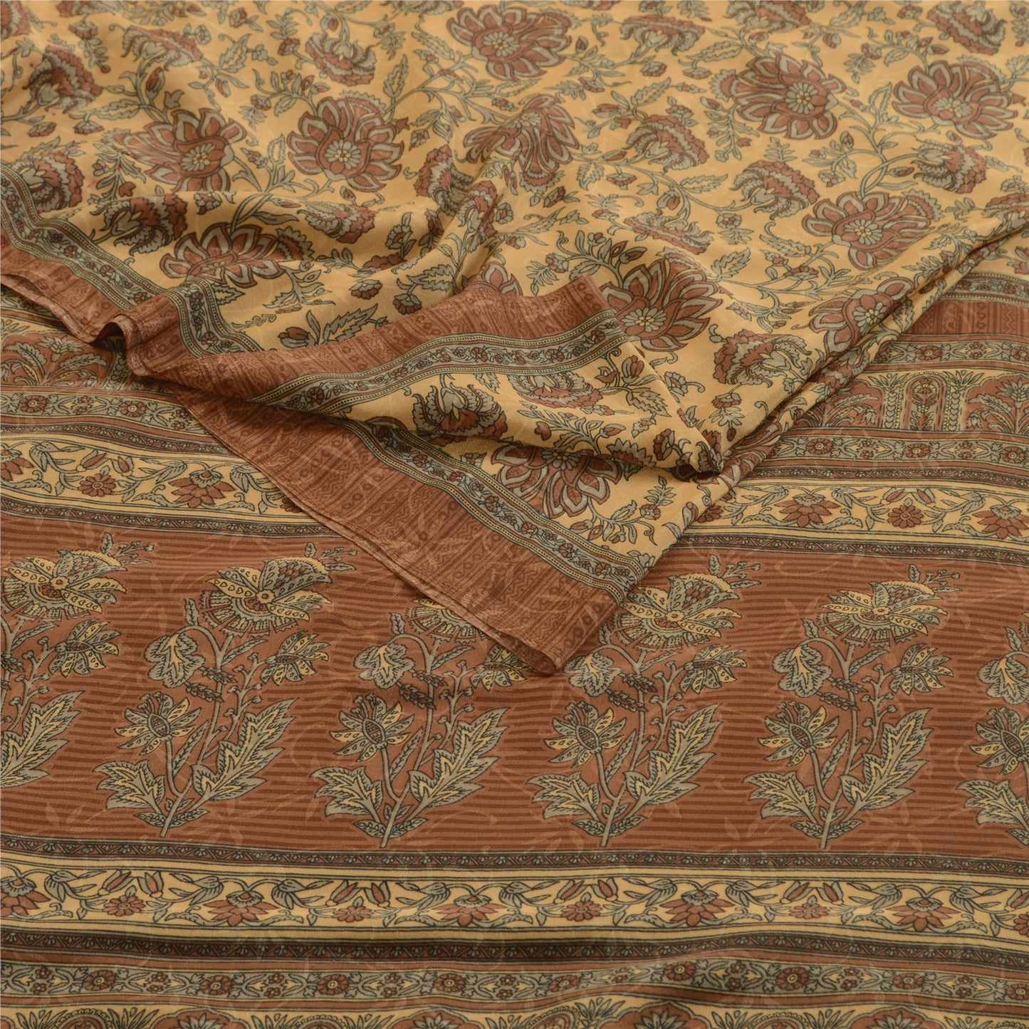 Sanskriti Vintage Sarees From India Brown Moss Crepe Printed Sari Craft Fabric