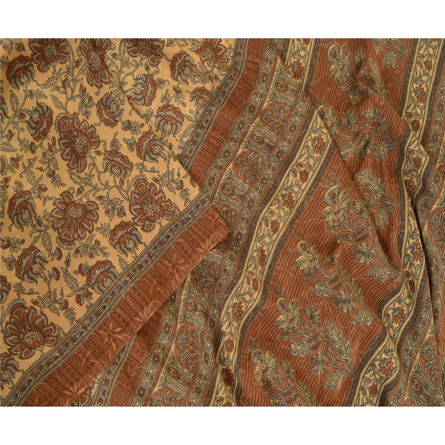 Sanskriti Vintage Sarees From India Brown Moss Crepe Printed Sari Craft Fabric