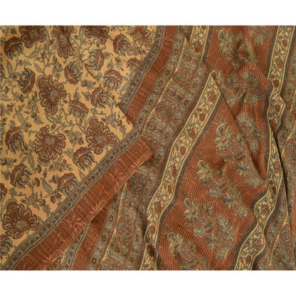 Sanskriti Vintage Sarees From India Brown Moss Crepe Printed Sari Craft Fabric