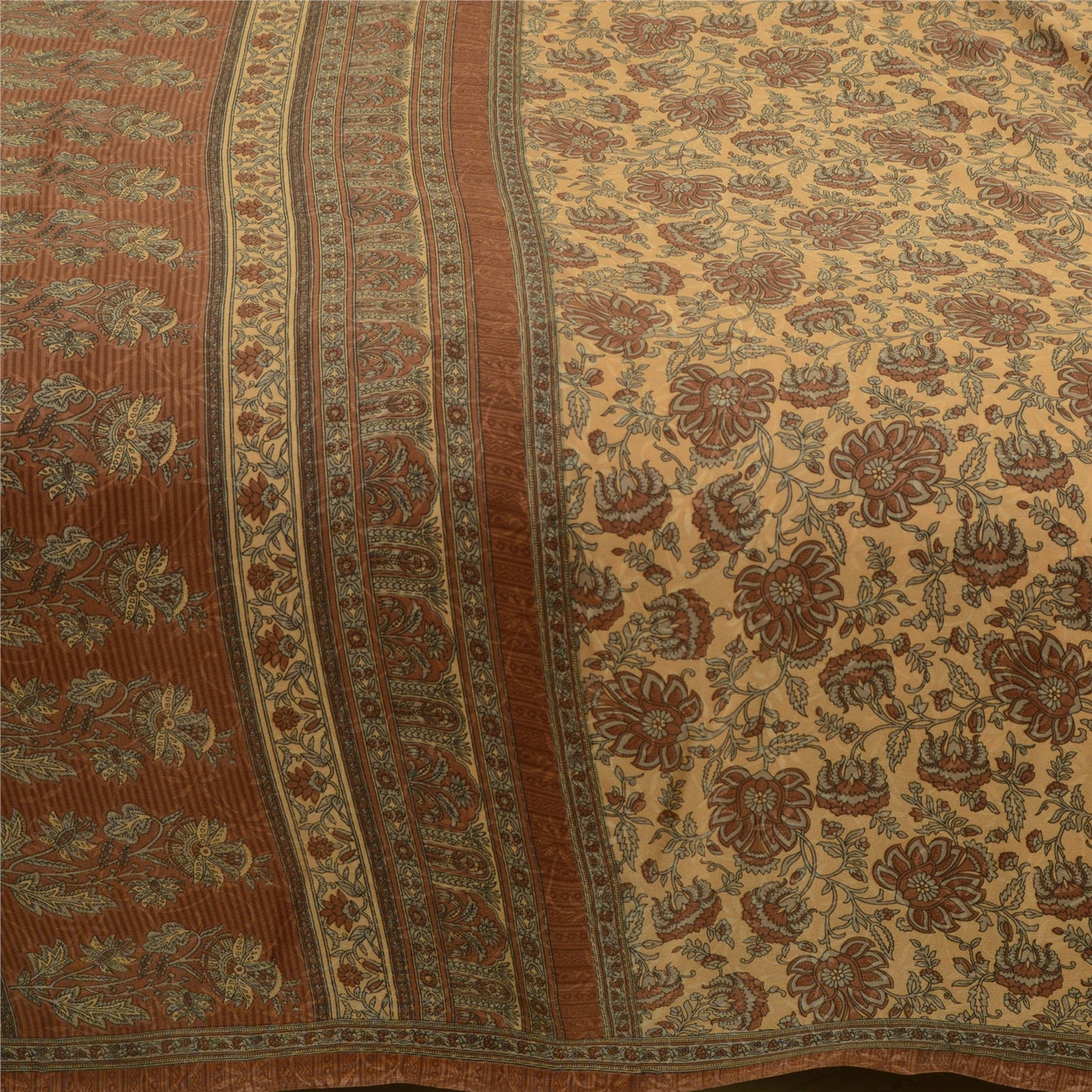 Sanskriti Vintage Sarees From India Brown Moss Crepe Printed Sari Craft Fabric