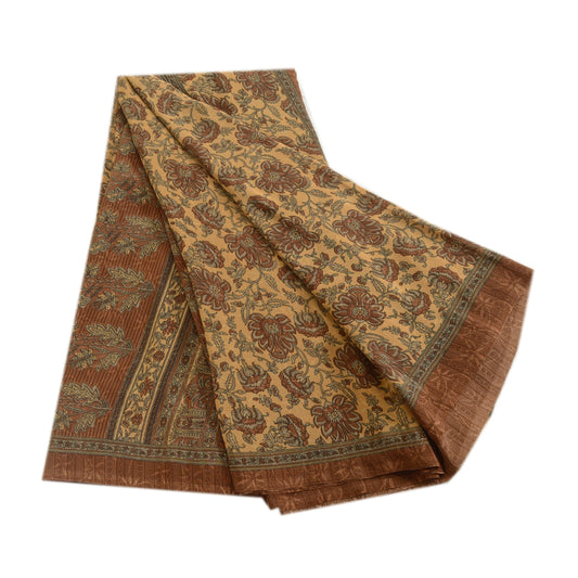 Sanskriti Vintage Sarees From India Brown Moss Crepe Printed Sari Craft Fabric