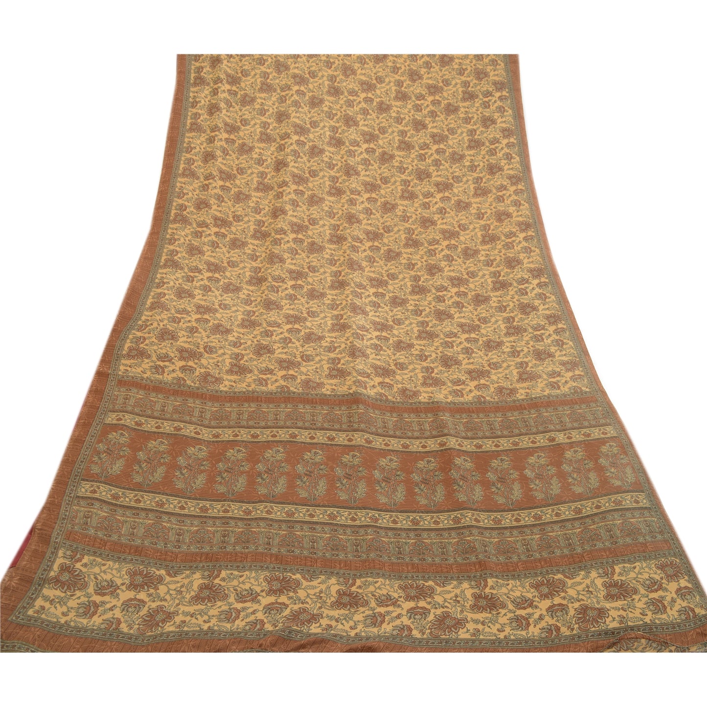 Sanskriti Vintage Sarees From India Brown Moss Crepe Printed Sari Craft Fabric