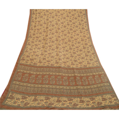 Sanskriti Vintage Sarees From India Brown Moss Crepe Printed Sari Craft Fabric