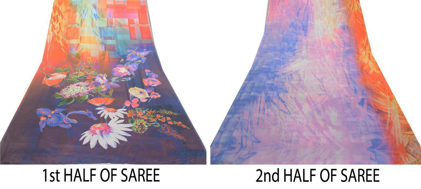 Sanskriti Vintage Saree Purple Moss Crepe Digital Print Floral Fabric 5.5YD Sari