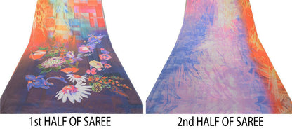 Sanskriti Vintage Saree Purple Moss Crepe Digital Print Floral Fabric 5.5YD Sari
