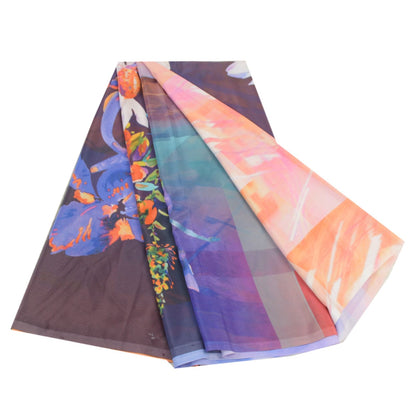 Sanskriti Vintage Saree Purple Moss Crepe Digital Print Floral Fabric 5.5YD Sari