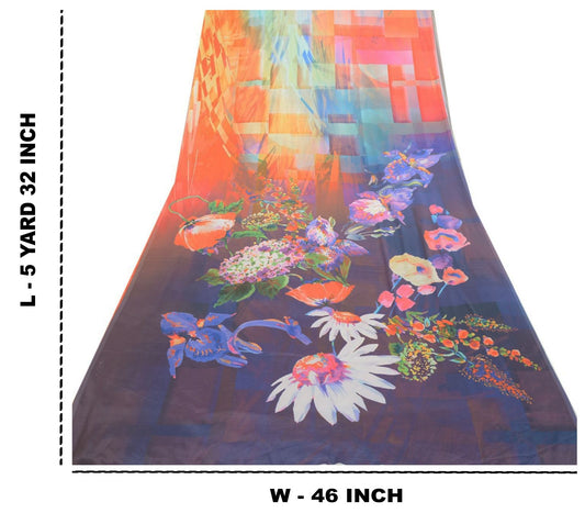 Sanskriti Vintage Saree Purple Moss Crepe Digital Print Floral Fabric 5.5YD Sari
