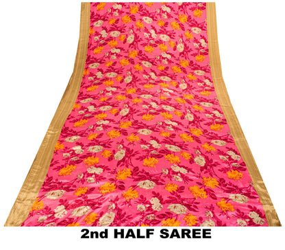 Sanskriti Vintage Pink Moss Crepe Saree Floral Digital Print Fabric 6 Yard Sari