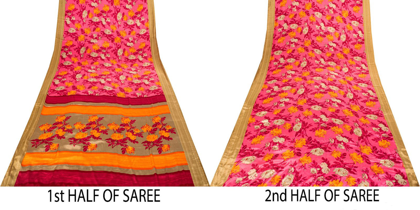Sanskriti Vintage Pink Moss Crepe Saree Floral Digital Print Fabric 6 Yard Sari