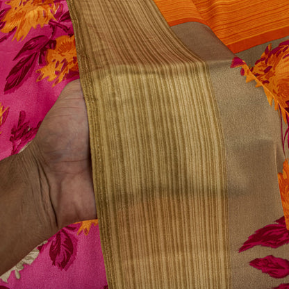 Sanskriti Vintage Pink Moss Crepe Saree Floral Digital Print Fabric 6 Yard Sari