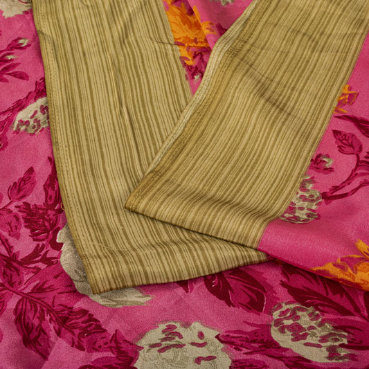 Sanskriti Vintage Pink Moss Crepe Saree Floral Digital Print Fabric 6 Yard Sari