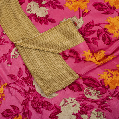 Sanskriti Vintage Pink Moss Crepe Saree Floral Digital Print Fabric 6 Yard Sari