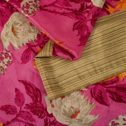 Sanskriti Vintage Pink Moss Crepe Saree Floral Digital Print Fabric 6 Yard Sari