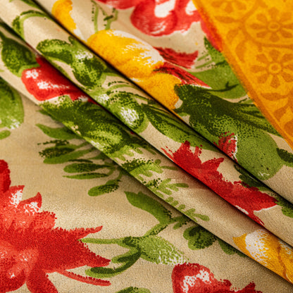 Sanskriti Vintage Sarees Indian Pale-Cream Printed Moss Crepe Sari Craft Fabric