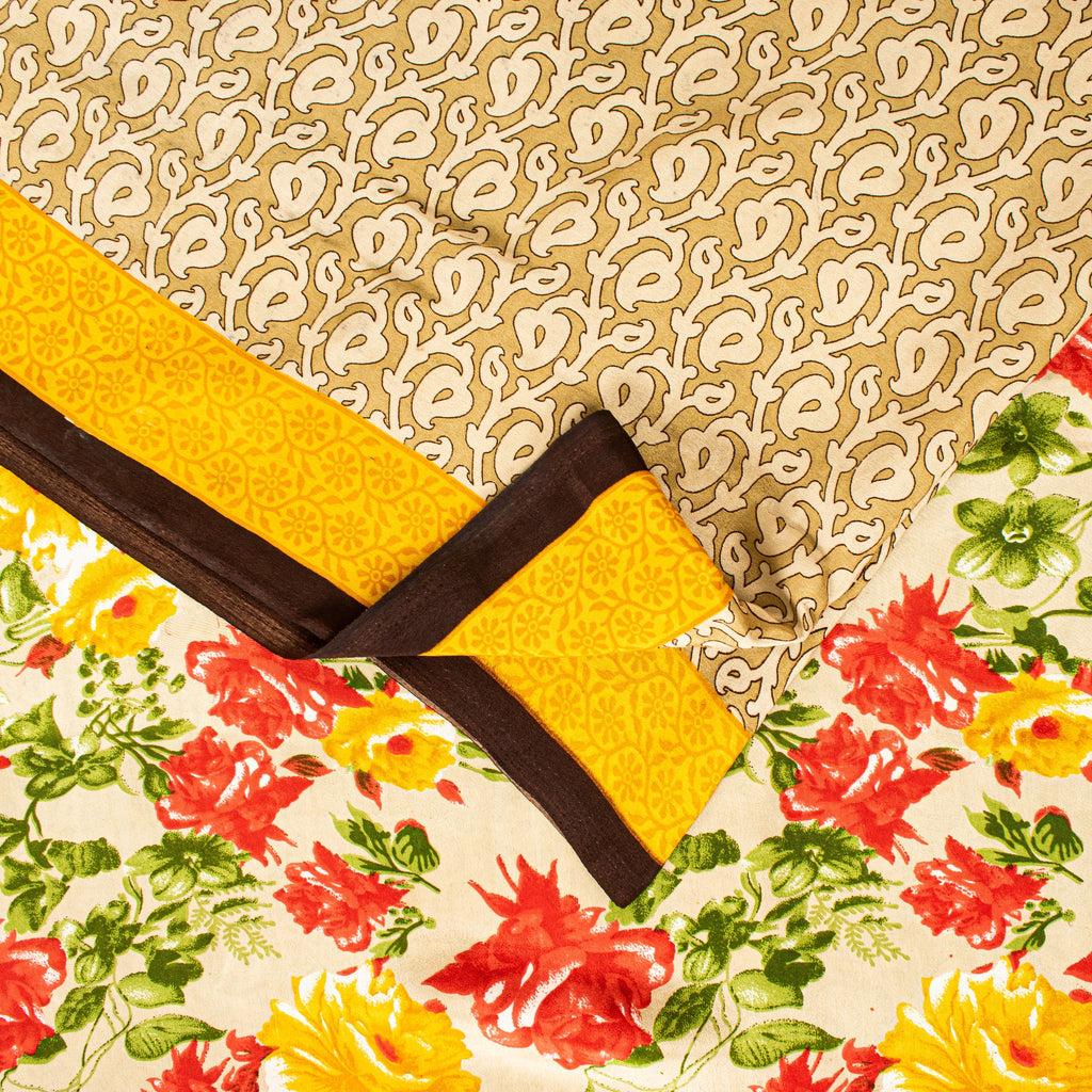 Sanskriti Vintage Sarees Indian Pale-Cream Printed Moss Crepe Sari Craft Fabric