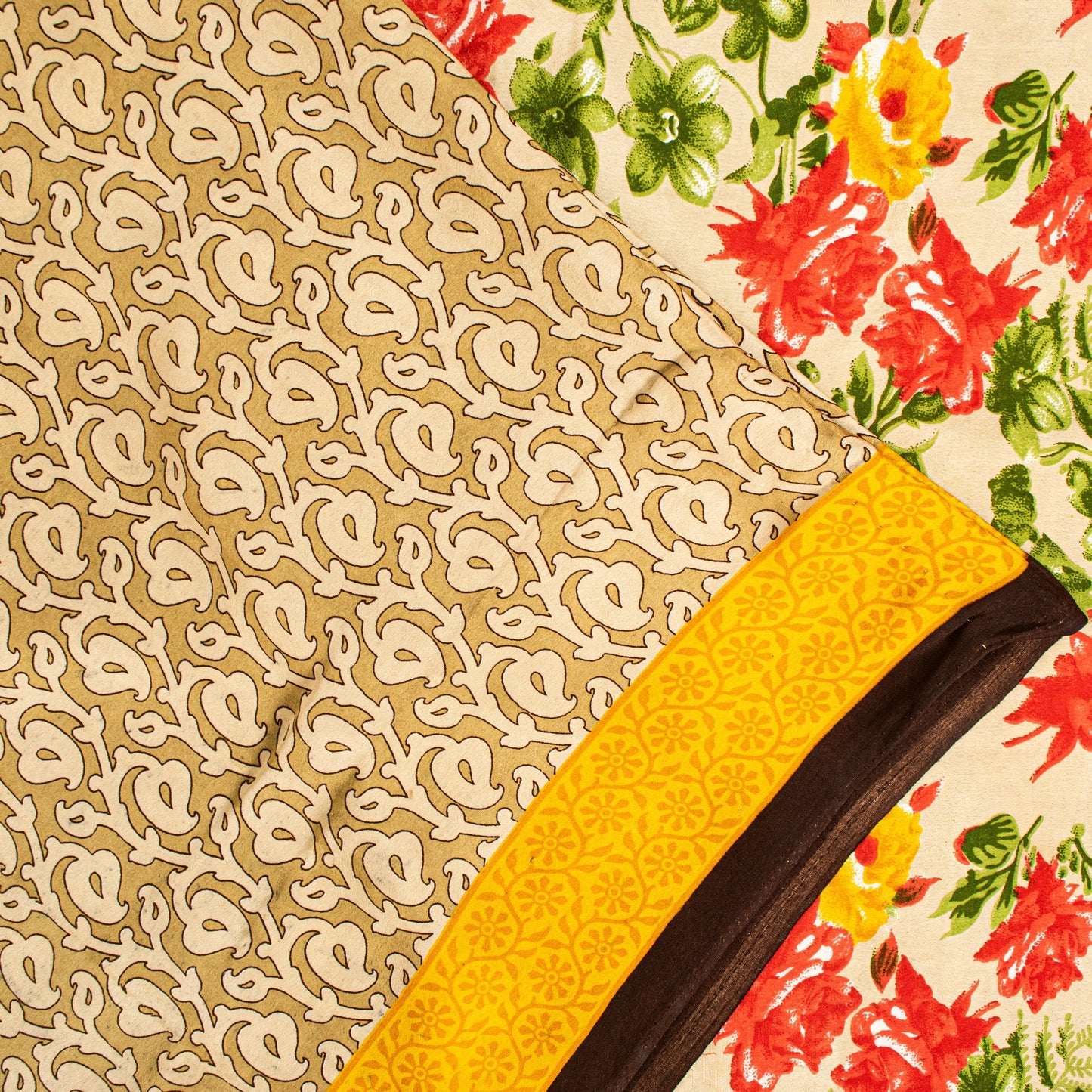 Sanskriti Vintage Sarees Indian Pale-Cream Printed Moss Crepe Sari Craft Fabric