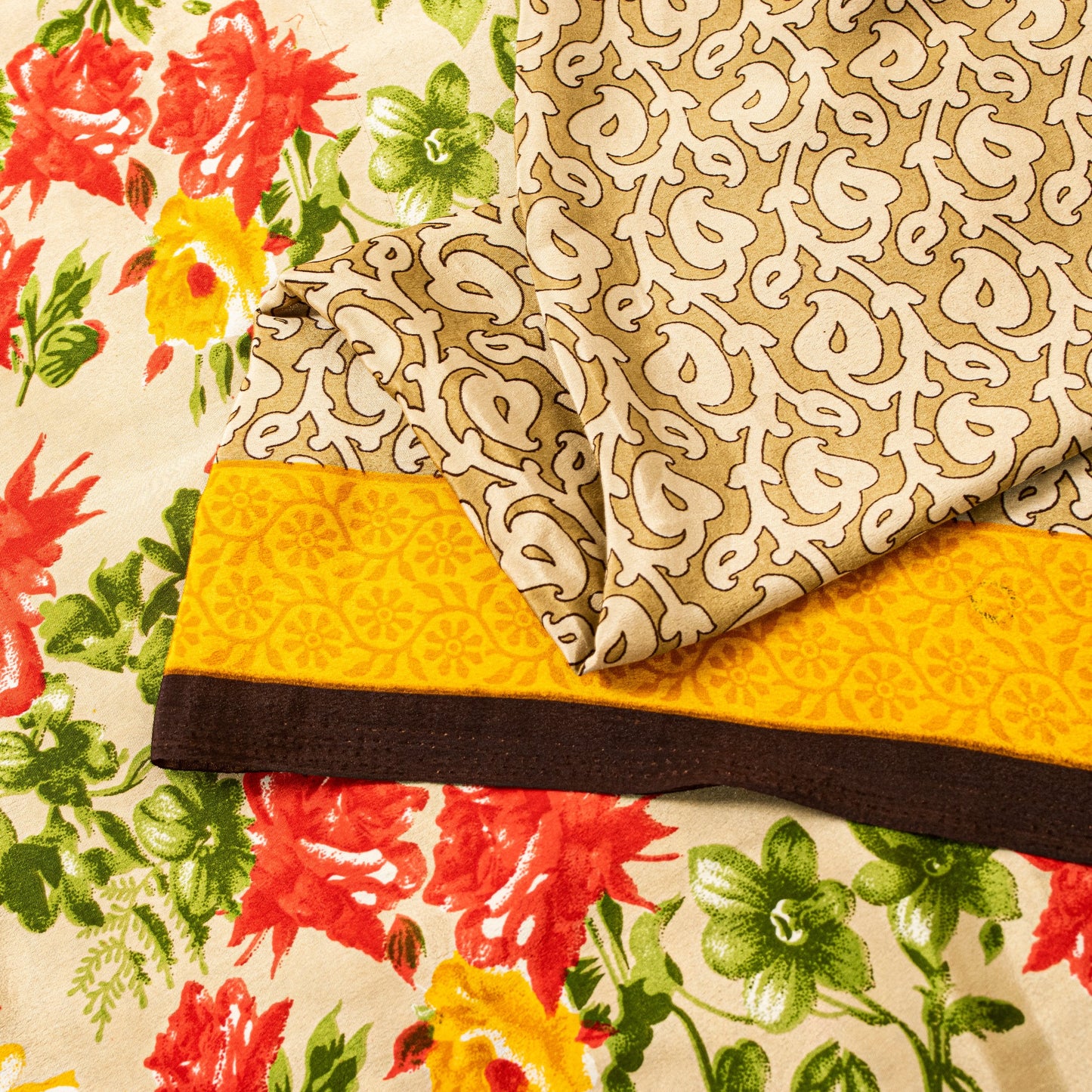 Sanskriti Vintage Sarees Indian Pale-Cream Printed Moss Crepe Sari Craft Fabric