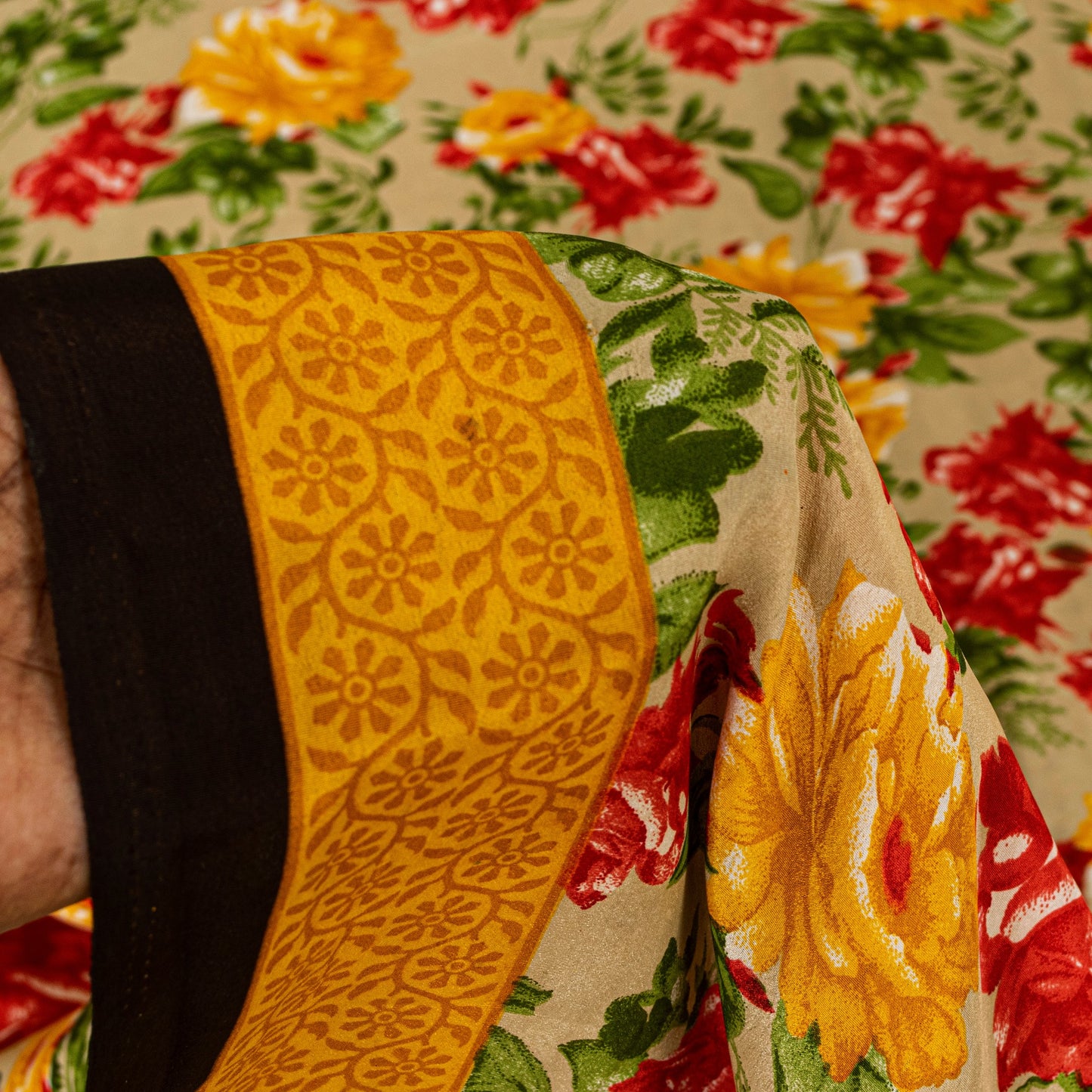 Sanskriti Vintage Sarees Indian Pale-Cream Printed Moss Crepe Sari Craft Fabric