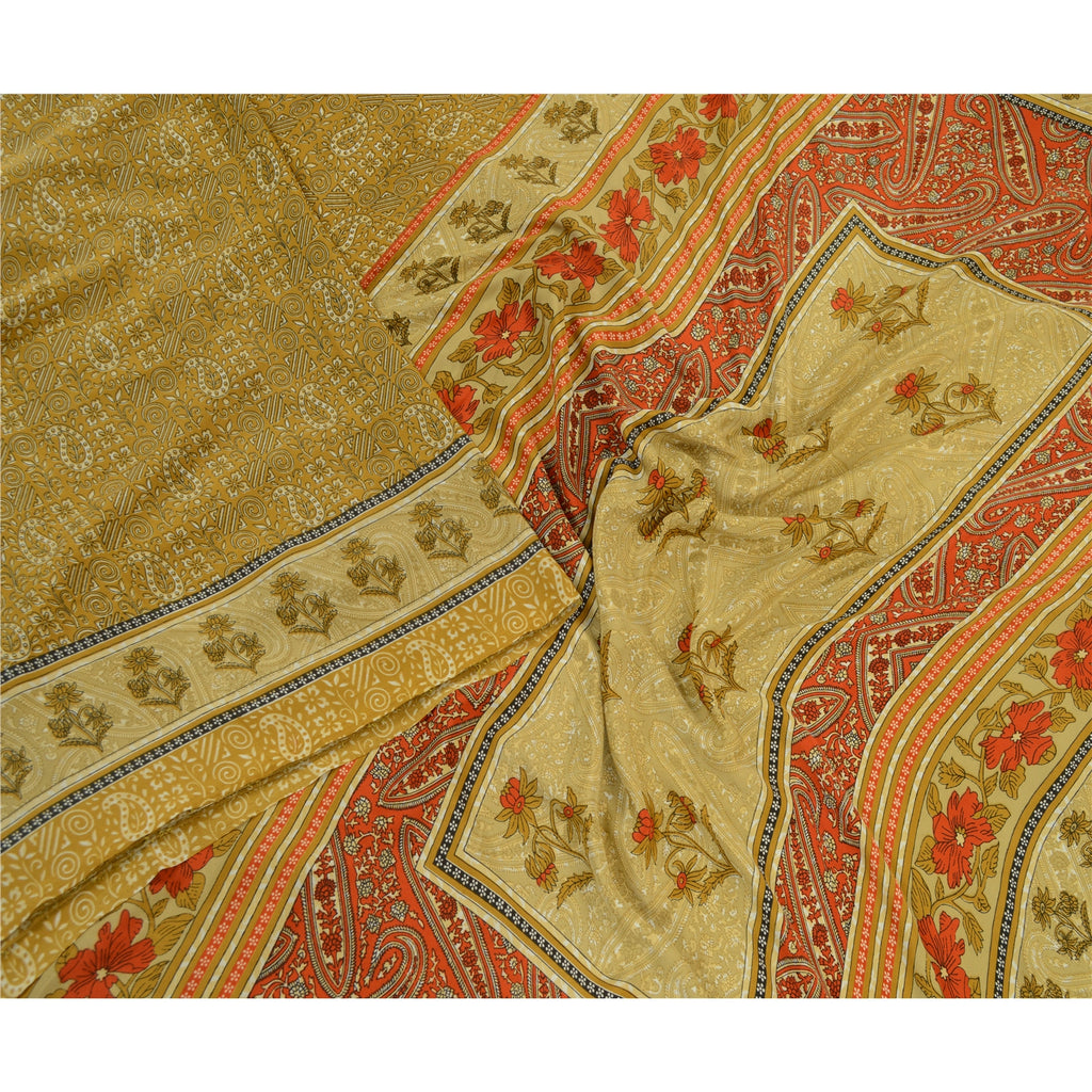 Sanskriti Vintage Sarees Indian Green Printed Moss Crepe Sari Soft Craft Fabric