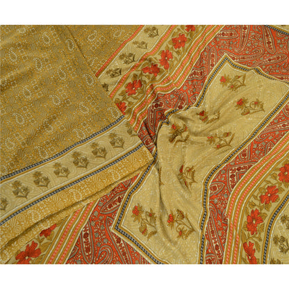 Sanskriti Vintage Sarees Indian Green Printed Moss Crepe Sari Soft Craft Fabric