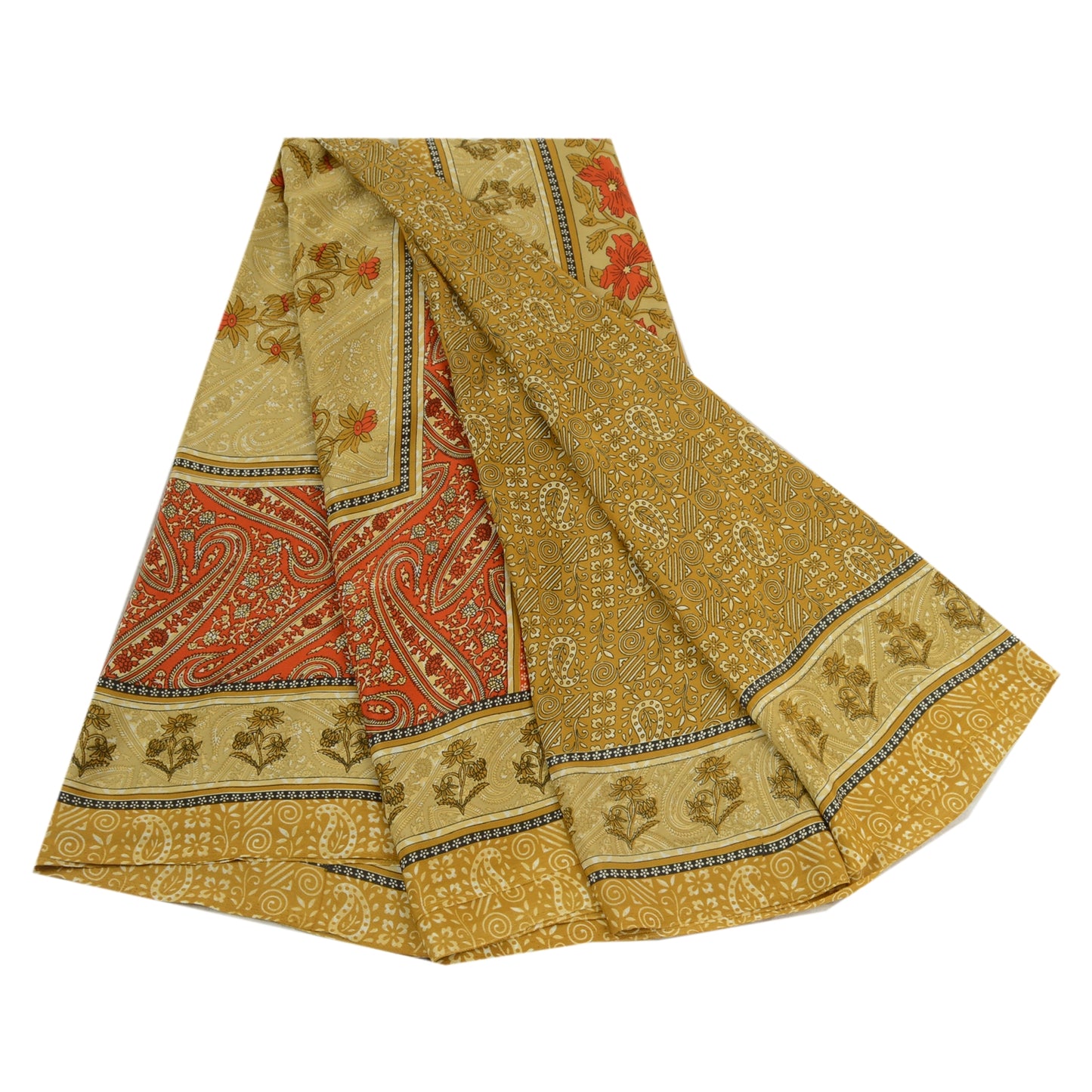 Sanskriti Vintage Sarees Indian Green Printed Moss Crepe Sari Soft Craft Fabric