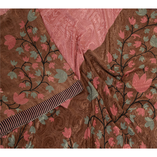 Sanskriti Vintage Sarees Indian Pink Printed Moss Crepe Sari Soft Craft Fabric