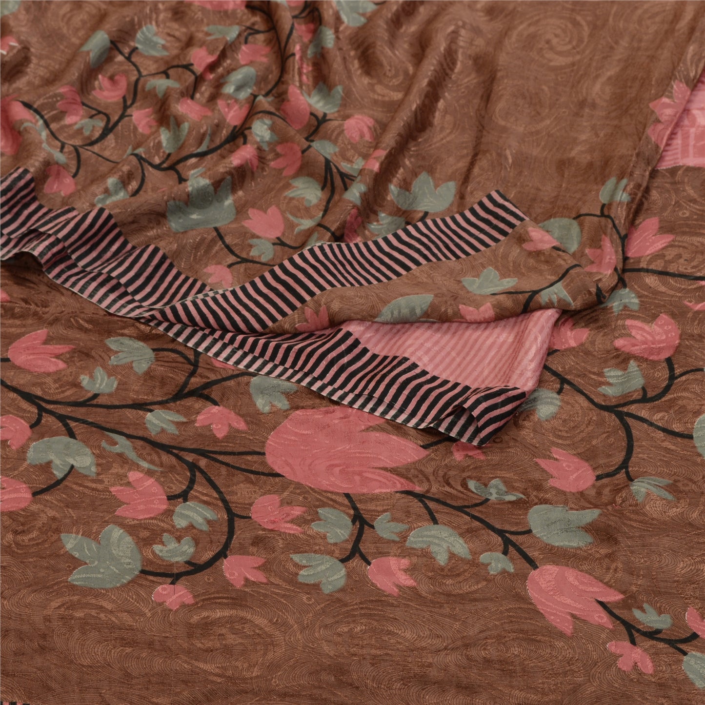 Sanskriti Vintage Sarees Indian Pink Printed Moss Crepe Sari Soft Craft Fabric