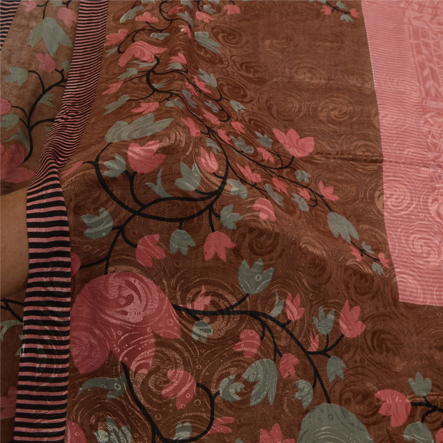 Sanskriti Vintage Sarees Indian Pink Printed Moss Crepe Sari Soft Craft Fabric