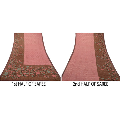 Sanskriti Vintage Sarees Indian Pink Printed Moss Crepe Sari Soft Craft Fabric