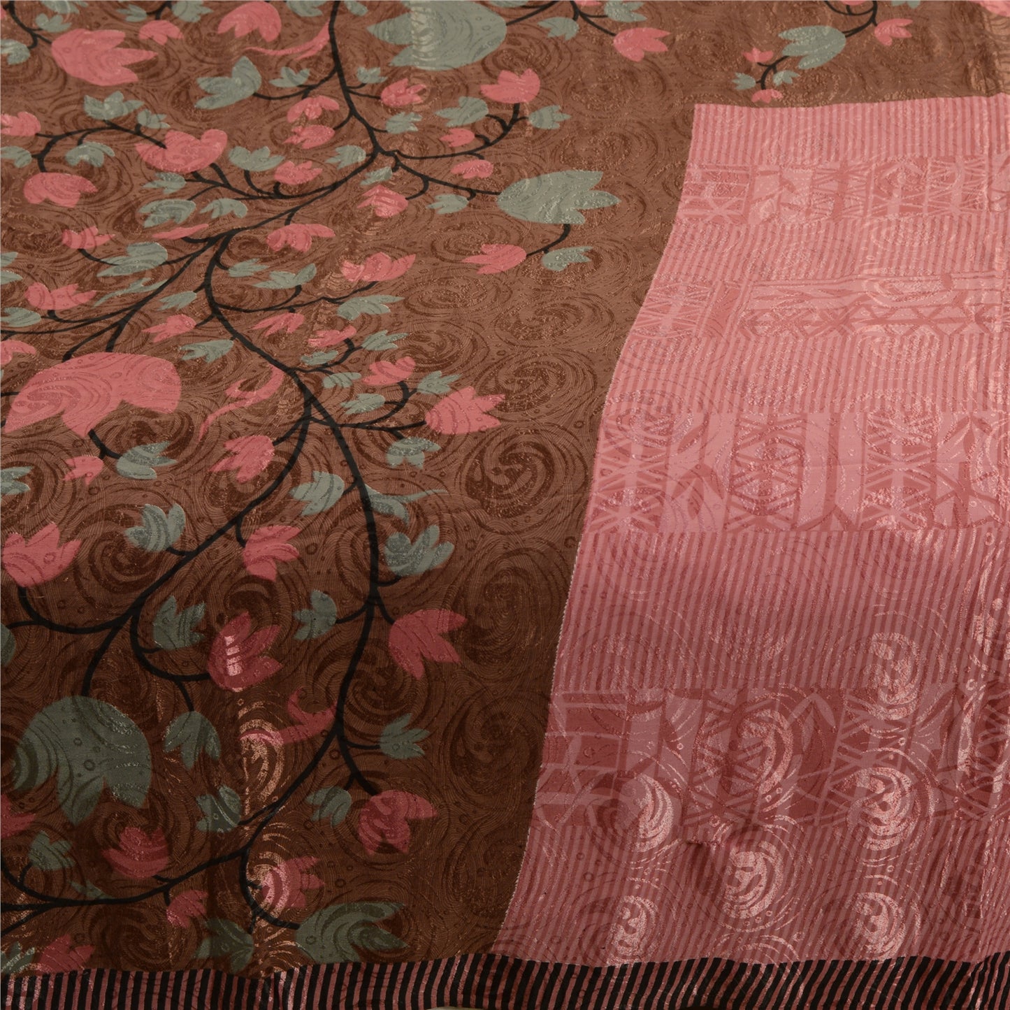 Sanskriti Vintage Sarees Indian Pink Printed Moss Crepe Sari Soft Craft Fabric