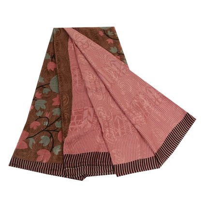 Sanskriti Vintage Sarees Indian Pink Printed Moss Crepe Sari Soft Craft Fabric