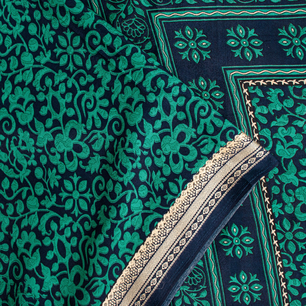 Санскритские винтажные сари из зеленого/синего мохового крепа с принтом сари с цветочным рисунком, устойчивая ткань