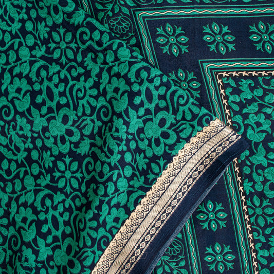 Sanskriti Vintage Sarees Green/Blue Moss Crepe Printed Sari Floral Craft Sustainable Fabric