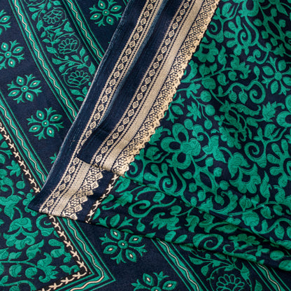 Санскритские винтажные сари из зеленого/синего мохового крепа с принтом сари с цветочным рисунком, устойчивая ткань