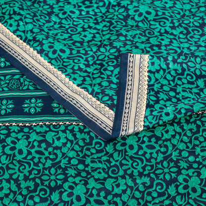 Санскритские винтажные сари из зеленого/синего мохового крепа с принтом сари с цветочным рисунком, устойчивая ткань