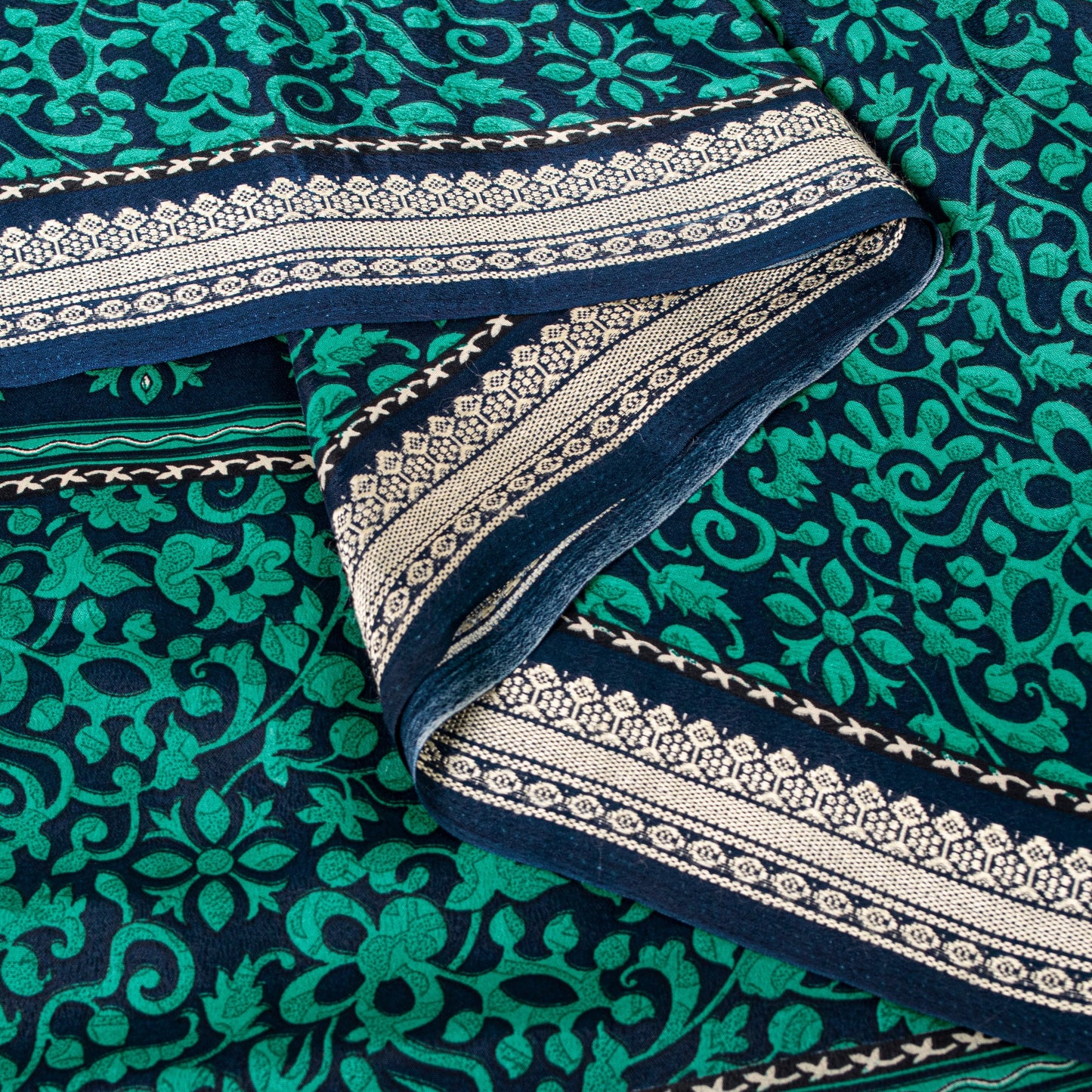 Санскритские винтажные сари из зеленого/синего мохового крепа с принтом сари с цветочным рисунком, устойчивая ткань