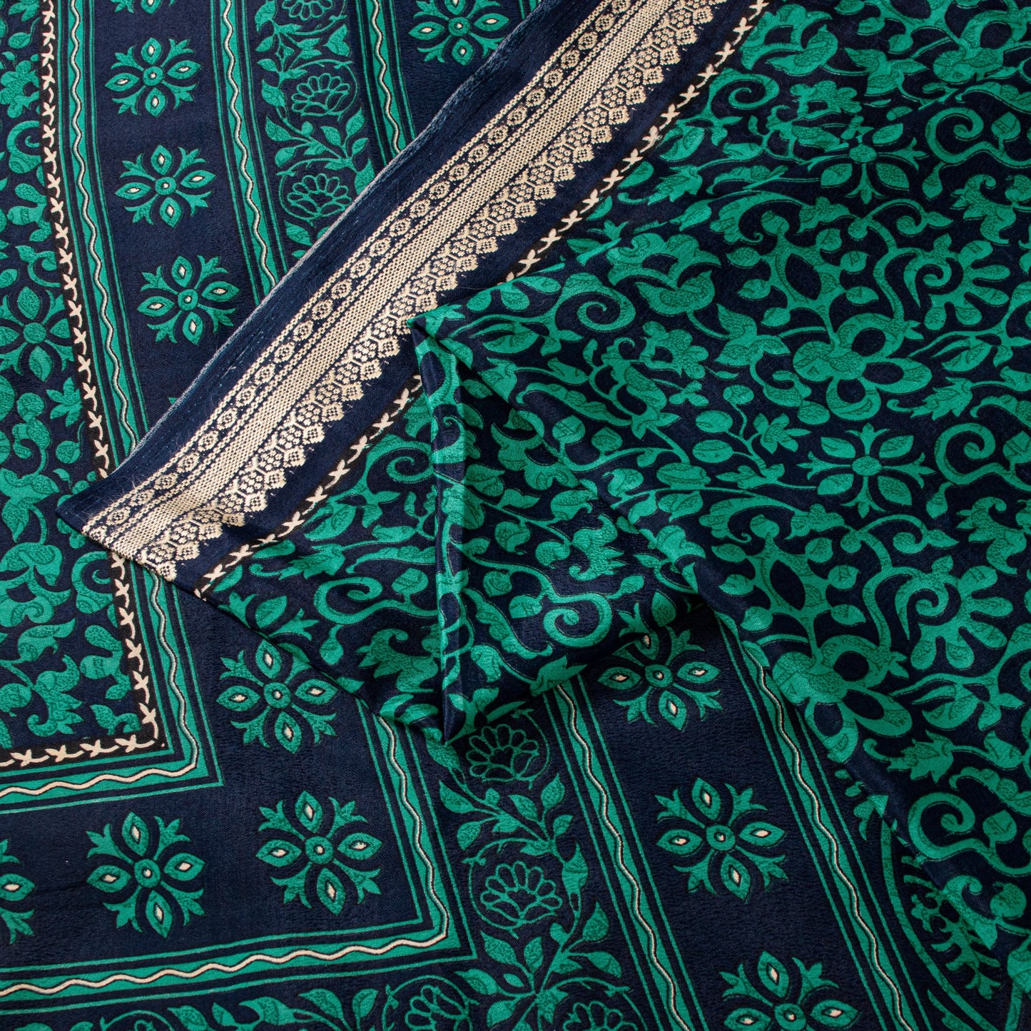 Санскритские винтажные сари из зеленого/синего мохового крепа с принтом сари с цветочным рисунком, устойчивая ткань