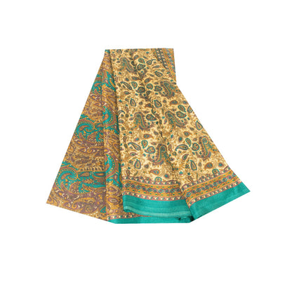 Sanskriti Vintage Indian Sarees Cream Moss Crepe Printed Sari 5+YD Craft Fabric