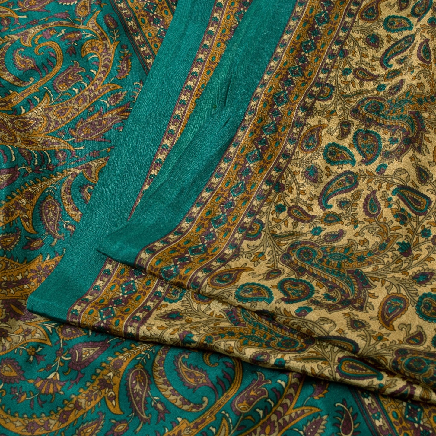 Sanskriti Vintage Indian Sarees Cream Moss Crepe Printed Sari 5+YD Craft Fabric