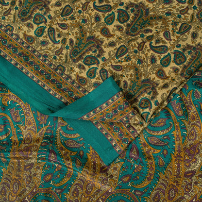 Sanskriti Vintage Indian Sarees Cream Moss Crepe Printed Sari 5+YD Craft Fabric