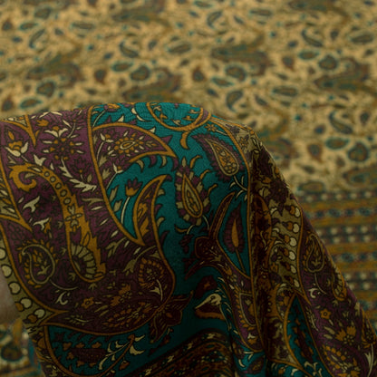 Sanskriti Vintage Indian Sarees Cream Moss Crepe Printed Sari 5+YD Craft Fabric